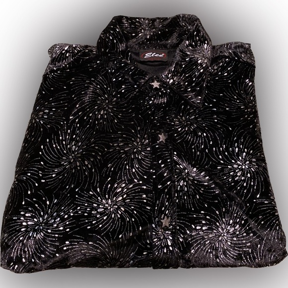 Elee Rare Vintage Fireworks Celebration Black M/L Long Sleeve Star Button Shirt - Picture 2 of 12